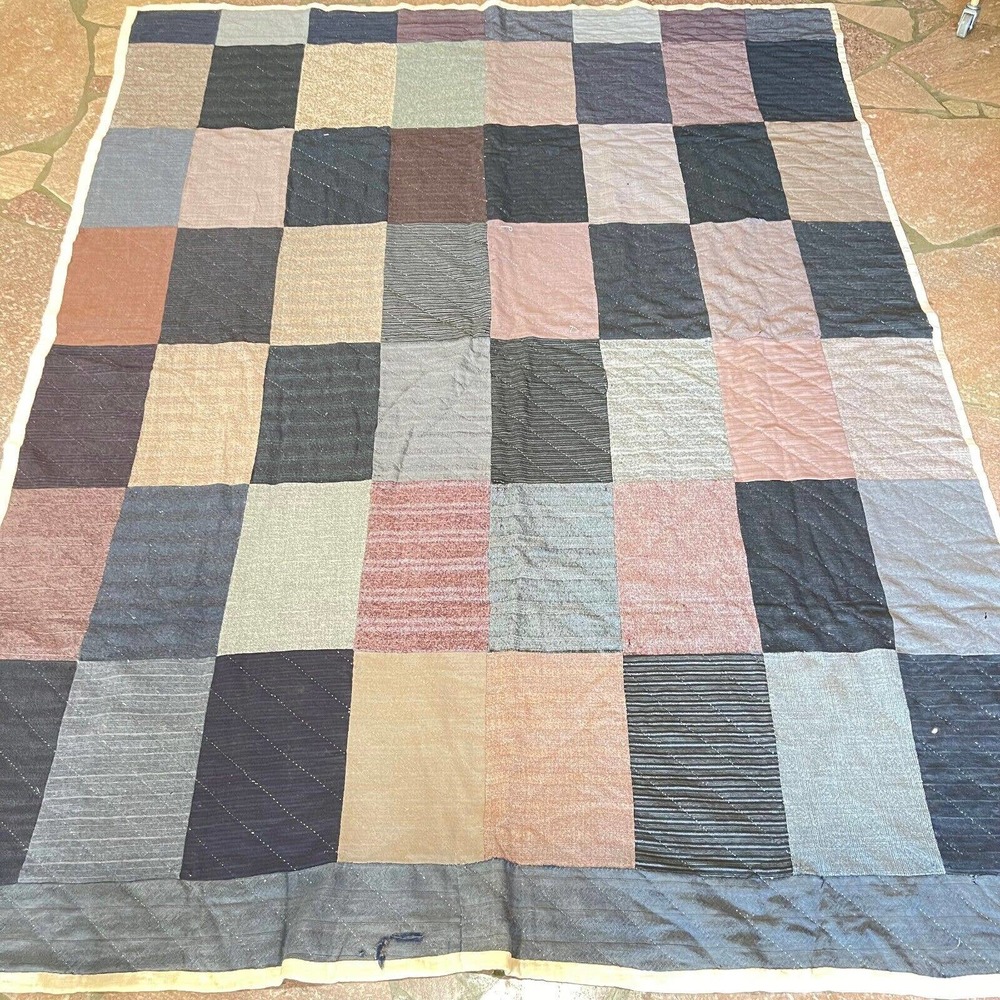 vtg handmade quilt twin blue black wool man quilt hand sewn feed sack backing